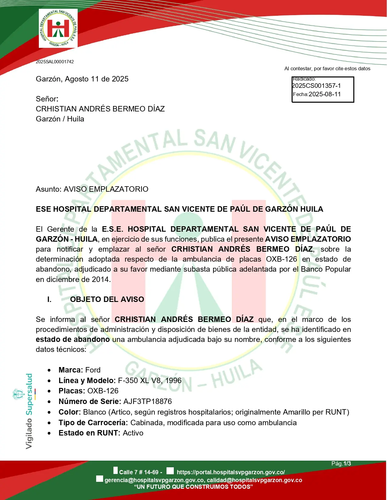 Aviso CRHISTIAN ANDRÉS BERMEO DÍAZ